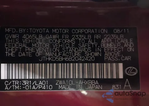 2011 Lexus Ct 200H Premium from USA, damaged, VIN JTHKD5BH6B2042420